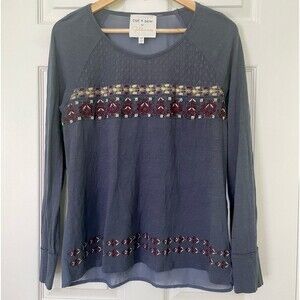 Cut + Sew by Golden Tote Sheer Back Embroidered Detail Long Sleeve Top Size Larg